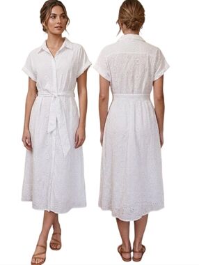 CASLON Cotton Eyelet Lace Midi Shirt Dress - Size L